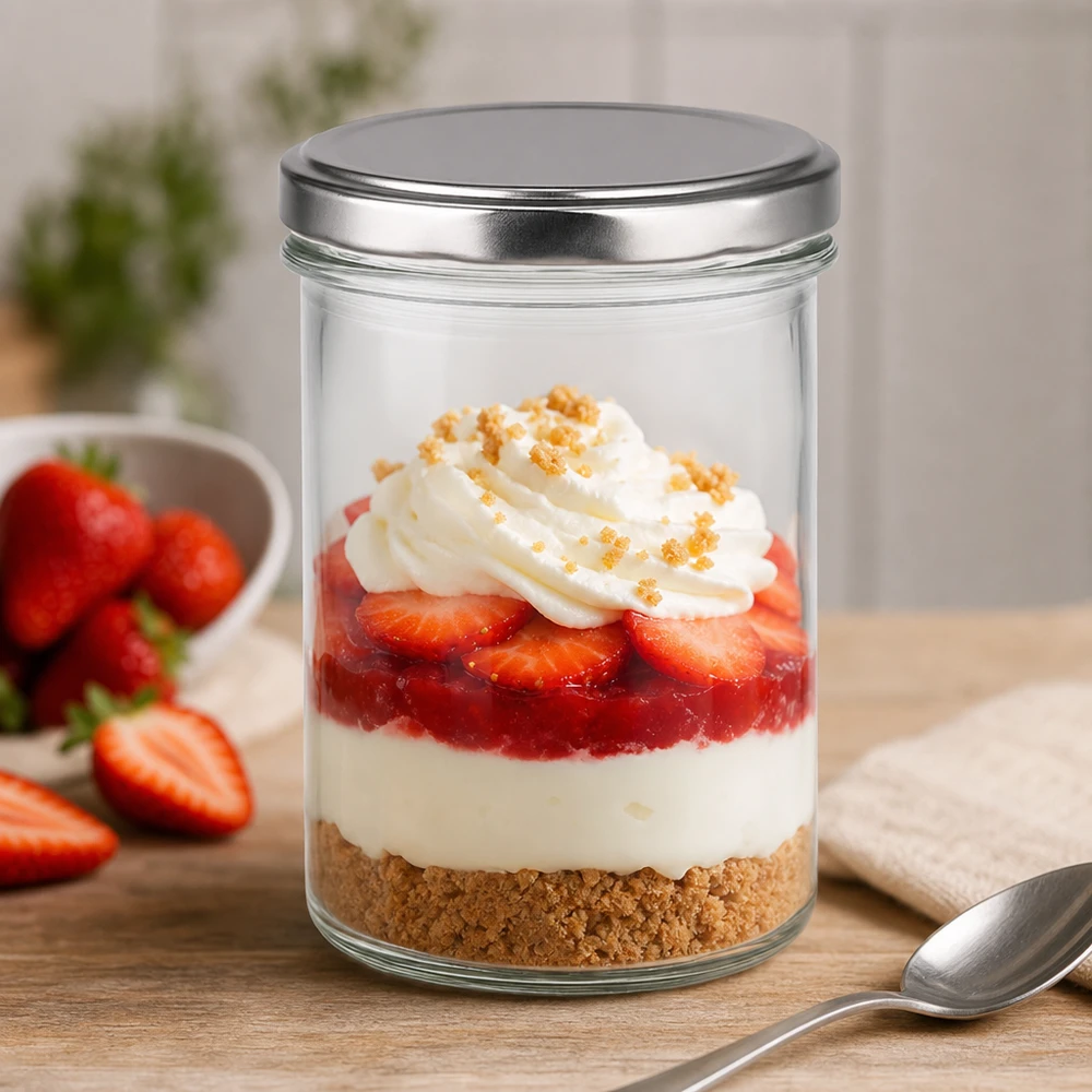 350ml Sturzglas mit BasicSeal Deckel silber UNiTWIST 350ml Sturzglas mit BasicSeal Deckel silber als Dessertglas mit Erdbeeren Sahne und Keksboden perfekt für Nachspeisen