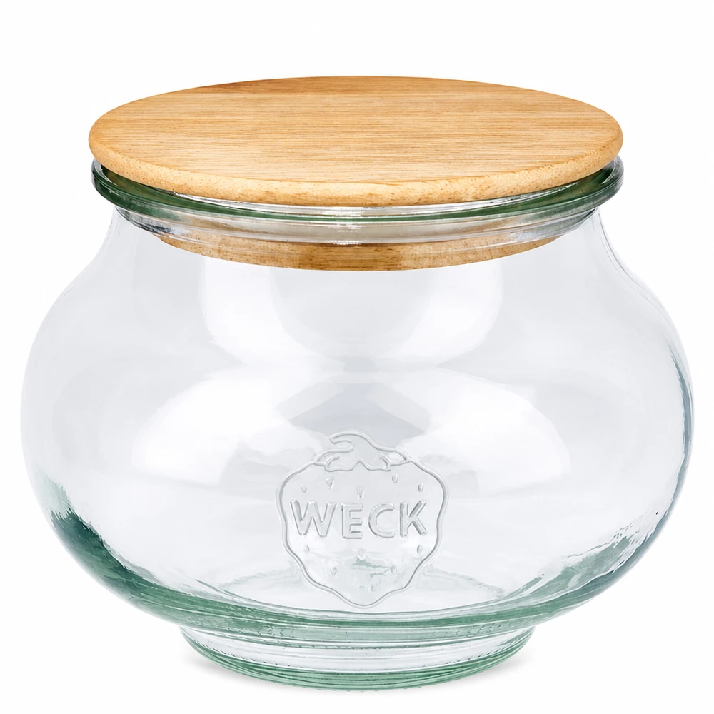 WECK Schmuckglas 560ml RR80 mit rundem Holzdeckel aus Eiche transparentes Vorratsglas mit Weck Logo