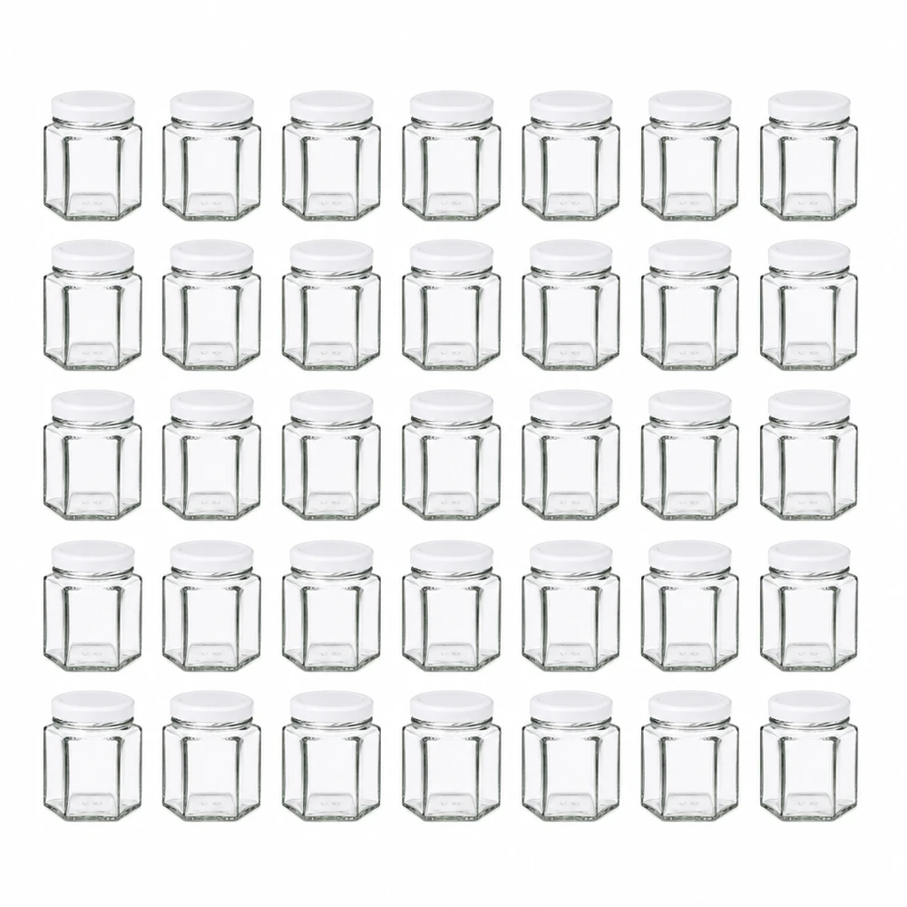 47ml Hexaglas 48er-Set mit Deckel (Deckelfarbe: weiss) UNiTWIST Kleine hexagonale Glasgefäße 47ml im 48er Set weiße Deckel UNiTWIST für Aufbewahrung