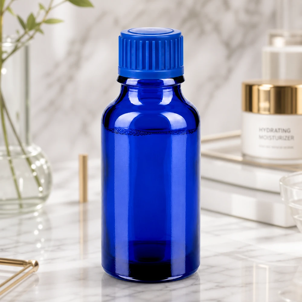 20ml Flasche 11mm Schraubverschluss blau Standard BlueLine UT18/20 Praktische kleine Glasflasche 20ml in Kobaltblau für diskrete portable Nutzung