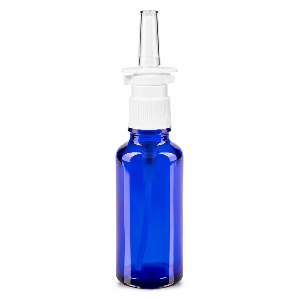 Apothekenflasche blau 30ml Nasenzerstäuber weiß Standard Hochwertige 30ml Nasensprayflasche Blauglas mit weißer Pumpe und klarer Nasenapplikator-Spitze