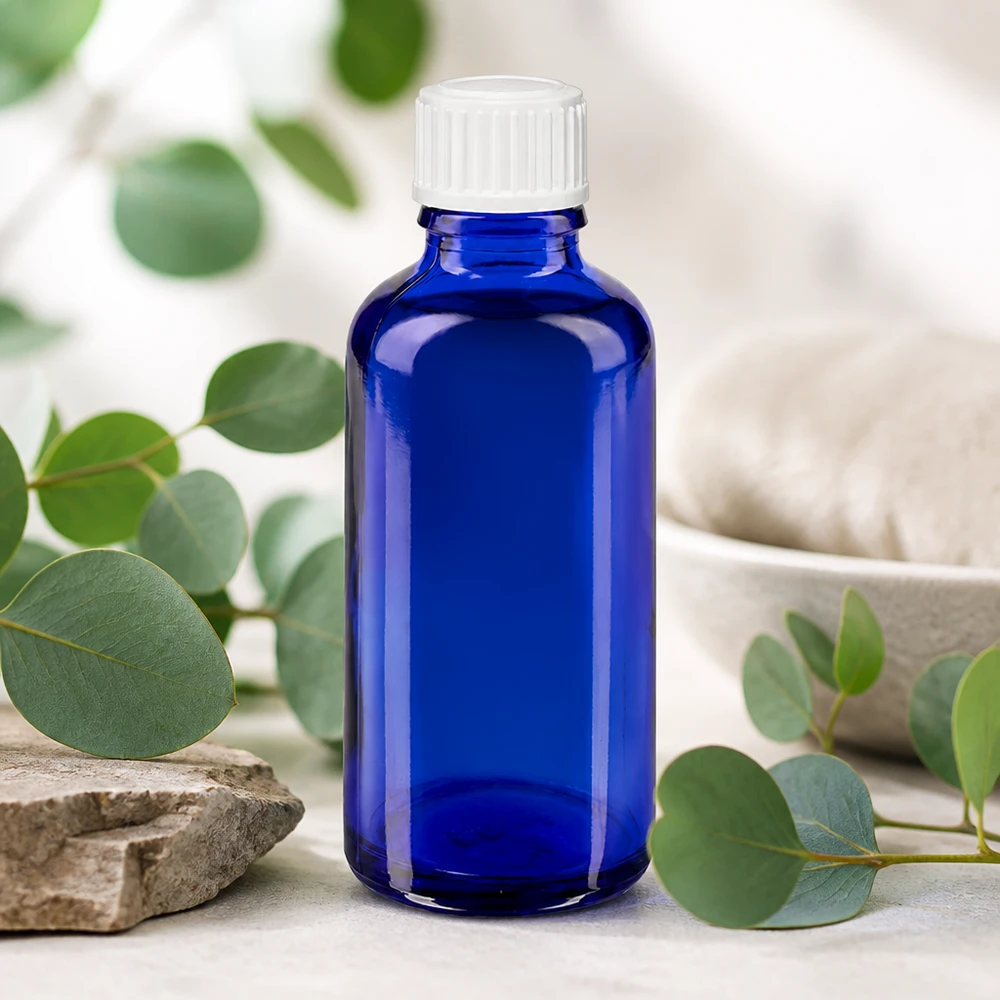 Apothekenflasche blau 50ml Tropfverschluss weiß 0.8mm Standard Blaue 50ml ApoGlas Flasche mit weißem Tropfaufsatz für Naturheilkunde und Aromatherapie