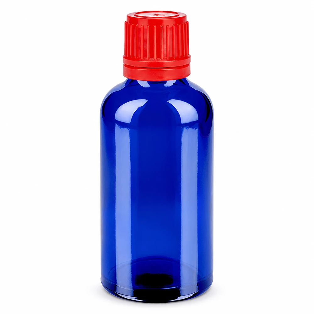 50ml Flasche 11mm Schraubverschluss rot Originalitätsverschluss BlueLine UT18/50 Kompakte 50ml Flasche blau transparent roter Verschluss 11mm SV BlueLine UT18