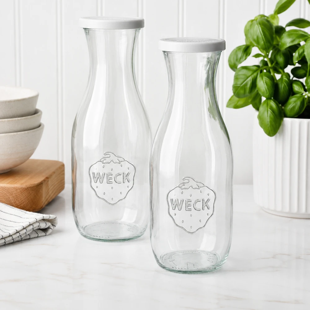 1062ml Saftflasche mit Frischedeckel WECK RR60 Zwei WECK Saftflaschen 1062ml mit weißen Deckeln in moderner Küche neben Schalen und Basilikum-Pflanze