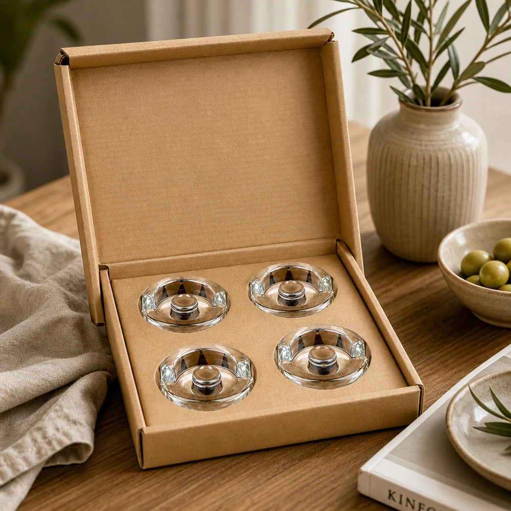 Fermentier-Glasgewichte mit Griff 4er Set UNiTWIST UNiTWIST Fermentier-Glasgewichte 4er Set in stilvoller Kartonbox auf Holztisch neben Olivenschale und Keramikvase