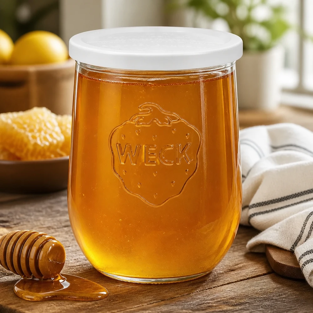 1062ml Tulpenglas mit Frischedeckel WECK RR100 WECK Tulpenglas 1062ml RR100 mit Honig gefüllt neben Honiglöffel auf Holztisch in natürlicher Küchenumgebung
