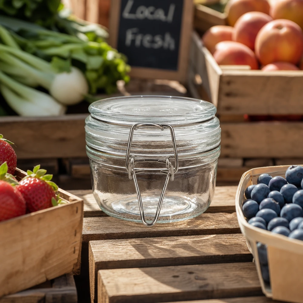 200ml Vorratsglas mit Silikonring und Bügelverschluss UNiTWIST 200ml Vorratsglas mit Metallbügel zwischen frischem Obst und Gemüse auf Holzkisten arrangiert