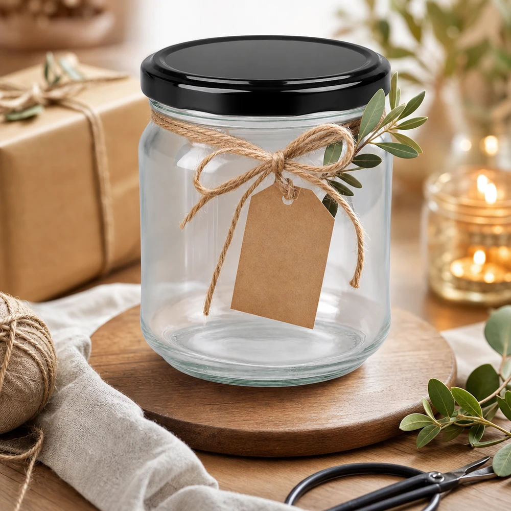 212ml Rundglas + BasicSeal Deckel schwarz TO63 UNiTWIST 212ml Rundglas mit schwarzem BasicSeal Deckel leer dekoriert mit Juteschnur Geschenkanhänger und Olivenzweig