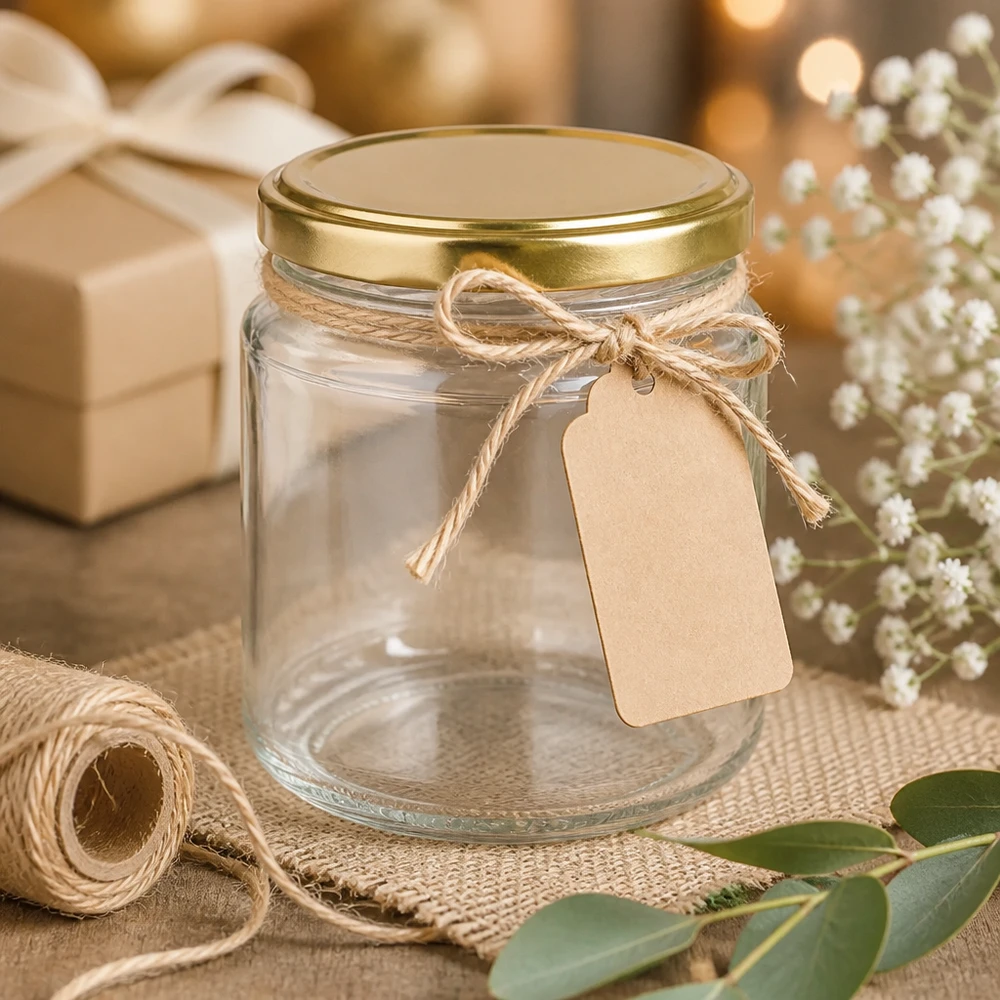 212ml Rundglas UNiTWIST mit goldenem Deckel als Geschenkglas mit Bastband und Etikett auf rustikalem Jutegrund
