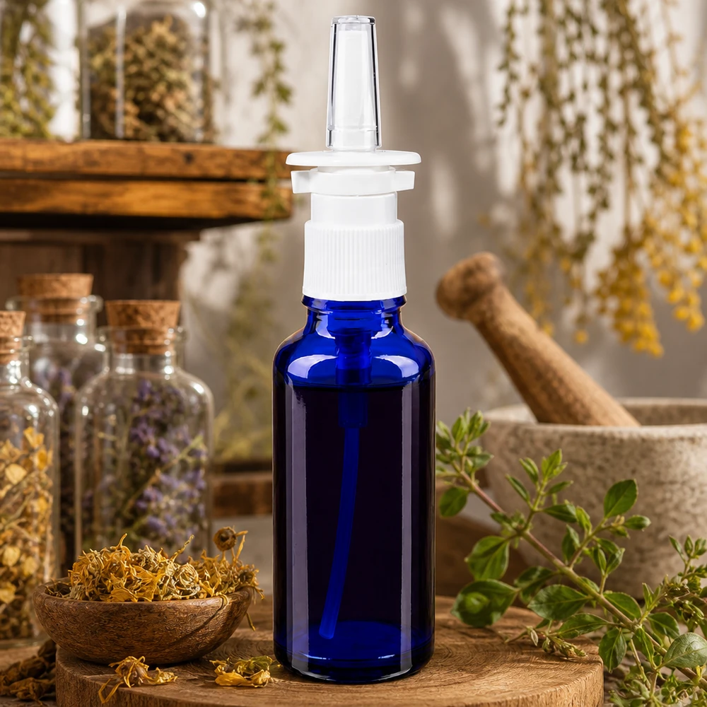 Apothekenflasche blau 30ml Nasenzerstäuber weiß Standard Kleine blaue 30ml Nasensprayflasche aus ApoGlas mit weißem Pumpkopf und Kräuterumgebung
