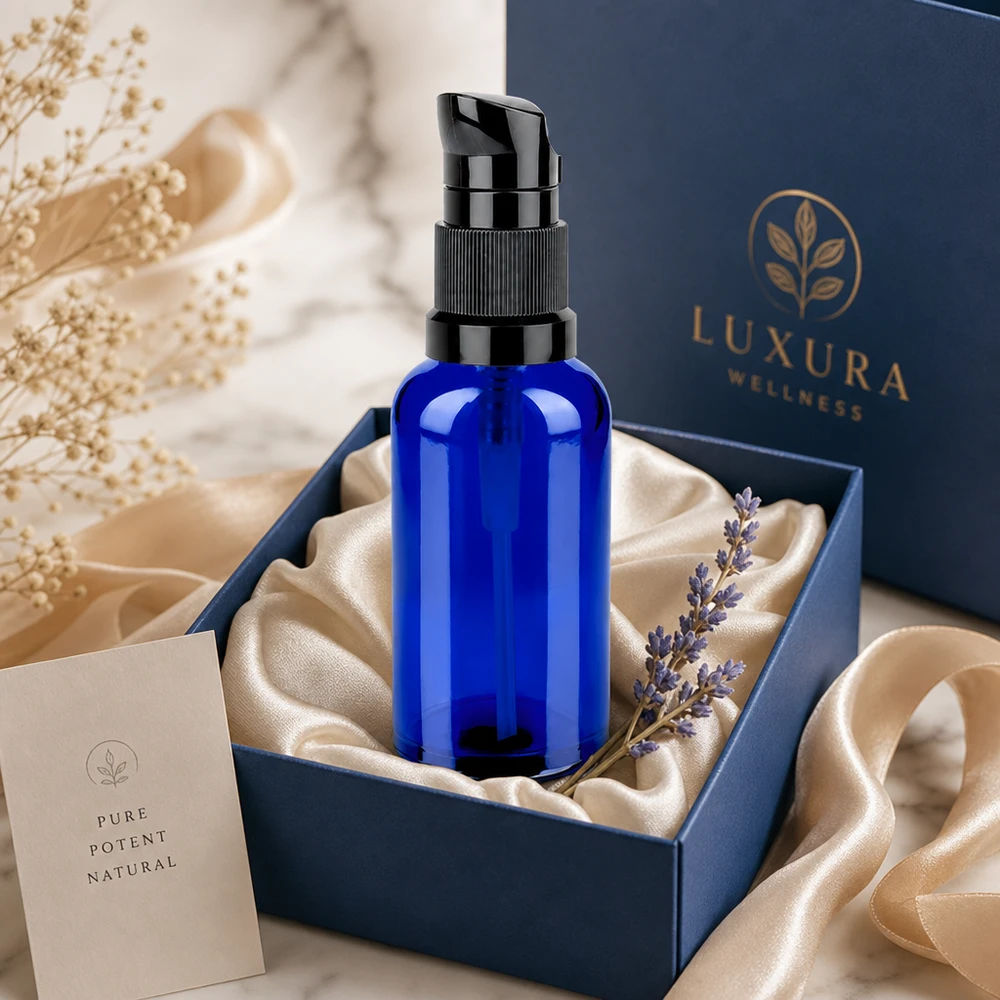Hochglänzende 50ml Pumpflasche in tiefblau mit schwarzer Pumpe STD BlueLine UT18/50 für edle Präsentation