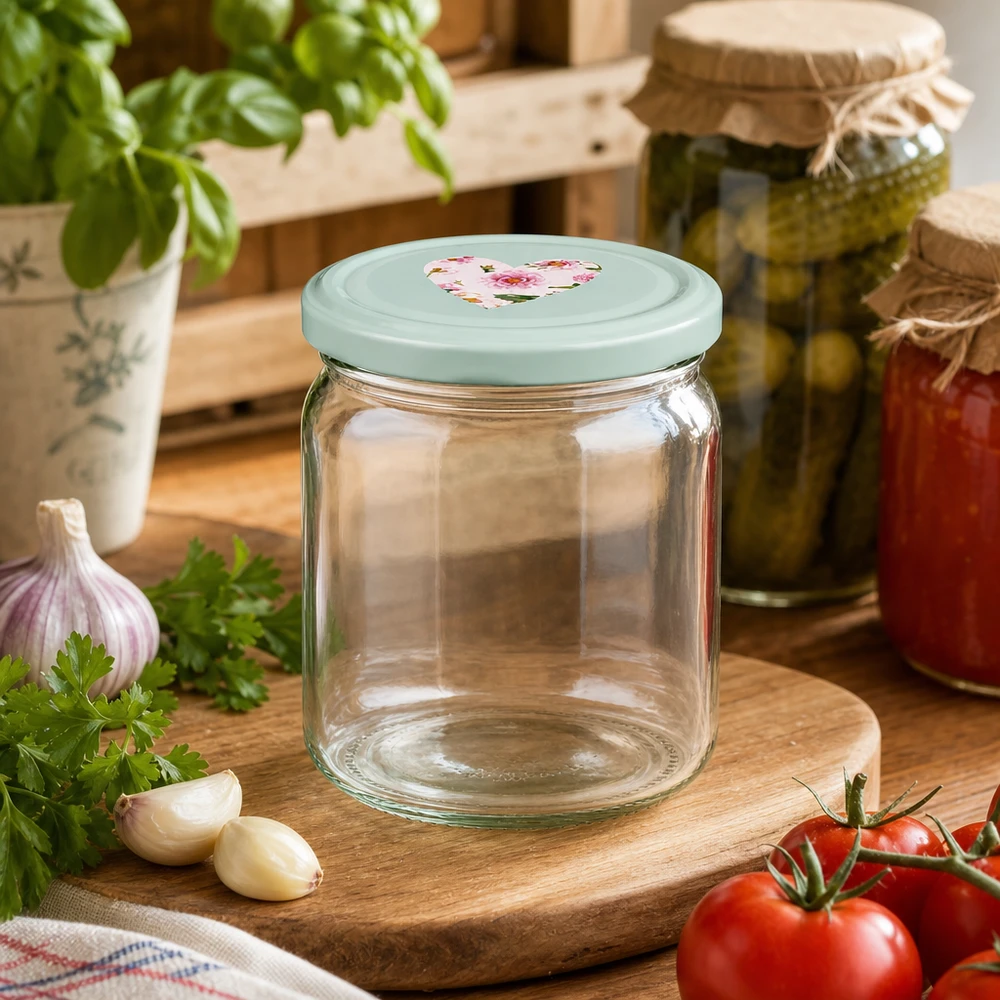 408ml Rundglas mit BasicSeal Herzdeckel mint leer auf Holzbrett, Küchenambiente mit Tomaten, Kräutern und Einmachgläsern
