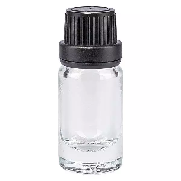 Apothekenflasche klar 5ml Tropfverschluss Giessring 2mm schwarz Originalitätsverschluss Apothekenflasche klar 5ml Tropfverschluss Giessring 2mm schwarz Originalitätsverschluss