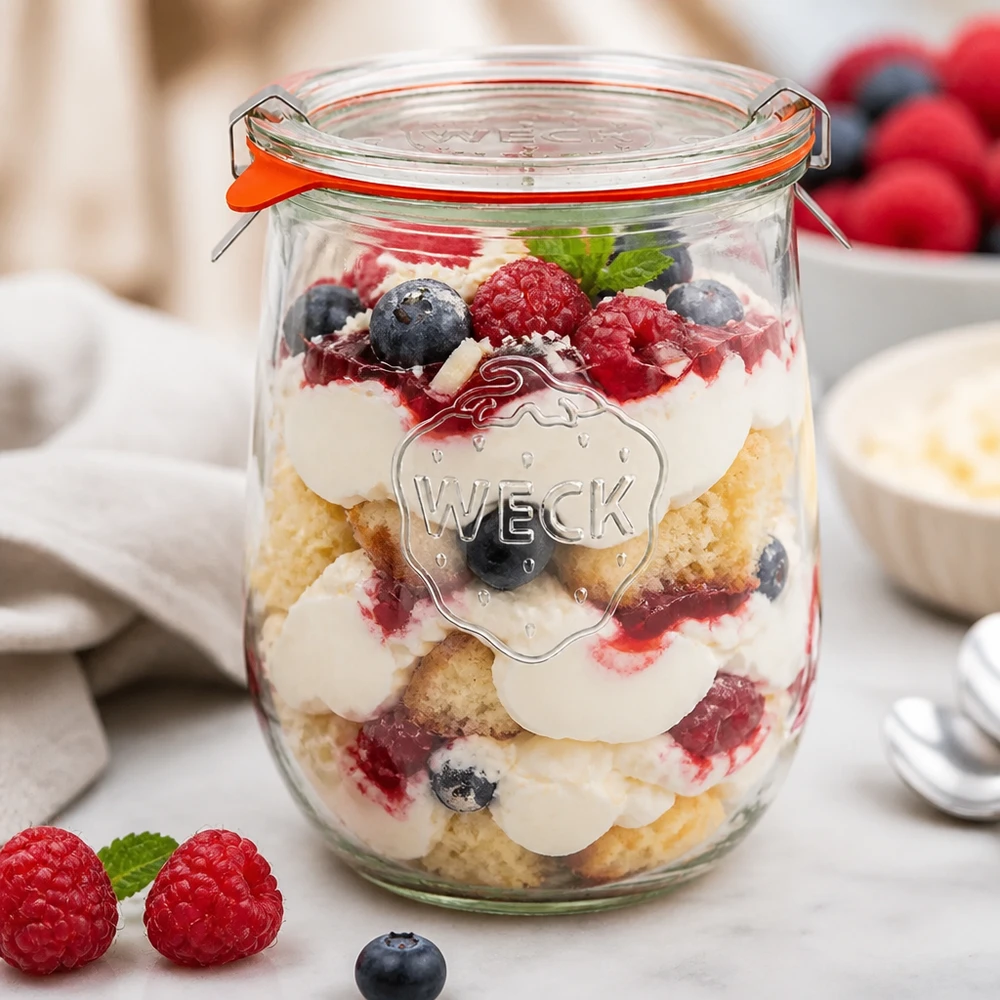 1062ml Tulpenglas komplett WECK RR100 WECK Tulpenglas 1062ml RR100 als stylisches Dessertglas mit Beeren Sahne Schichtdessert für besondere Anlässe