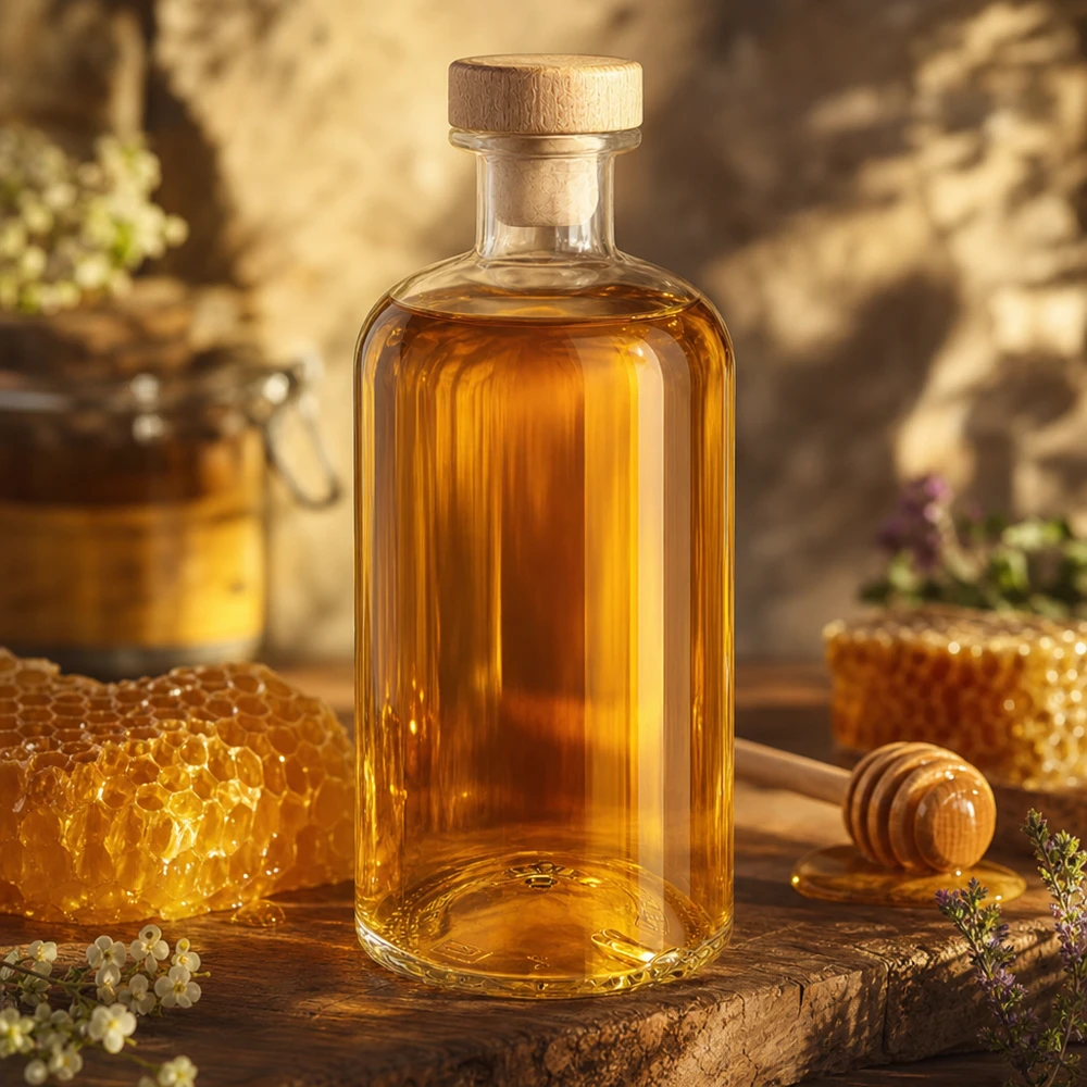 500ml Glasflasche "Flora" mit Holzgriff-Korken UNiTWIST Glasflasche Flora 500ml mit Honig gefüllt neben Bienenwaben und Honigdipper auf rustikalem Holzbrett im warmen Licht