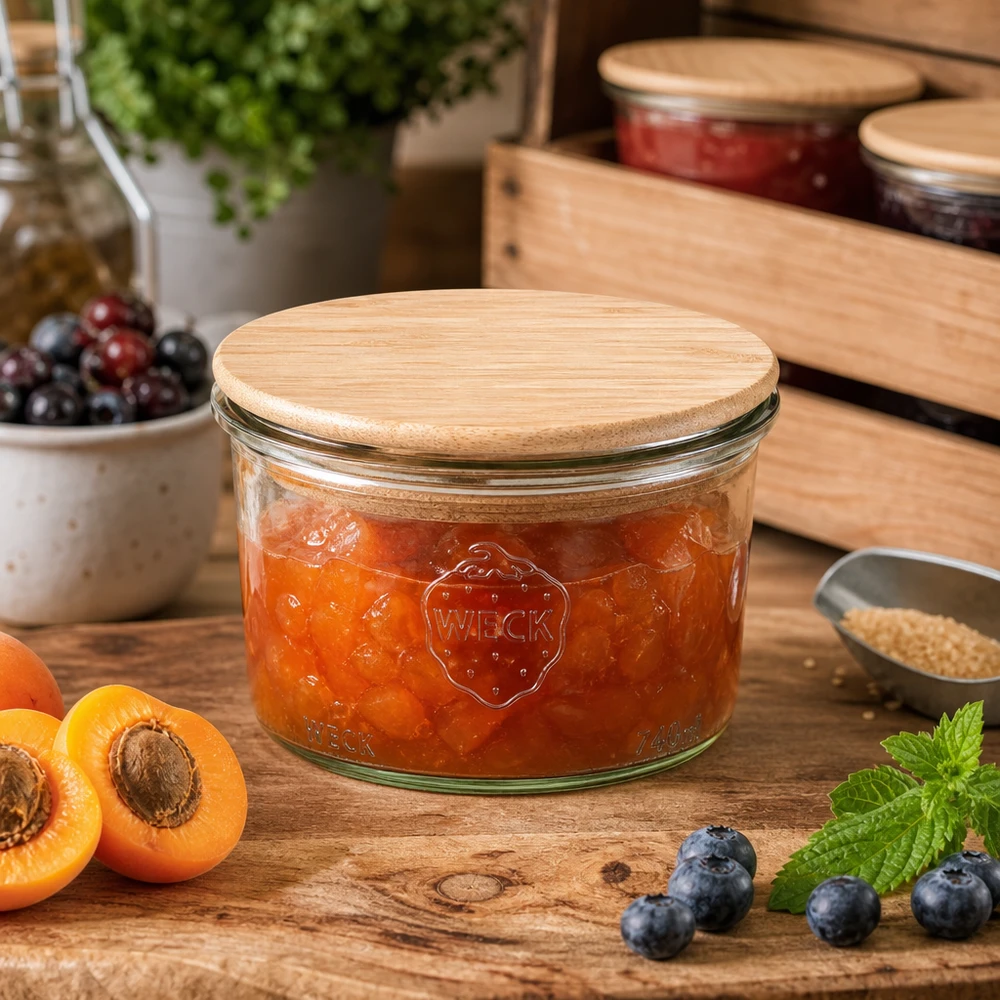 200ml Sturzglas WECK RR80 mit Holzdeckel WECK Einmachglas 200ml mit Holzdeckel gefüllt mit Aprikosenmarmelade auf Holztisch neben frischen Früchten