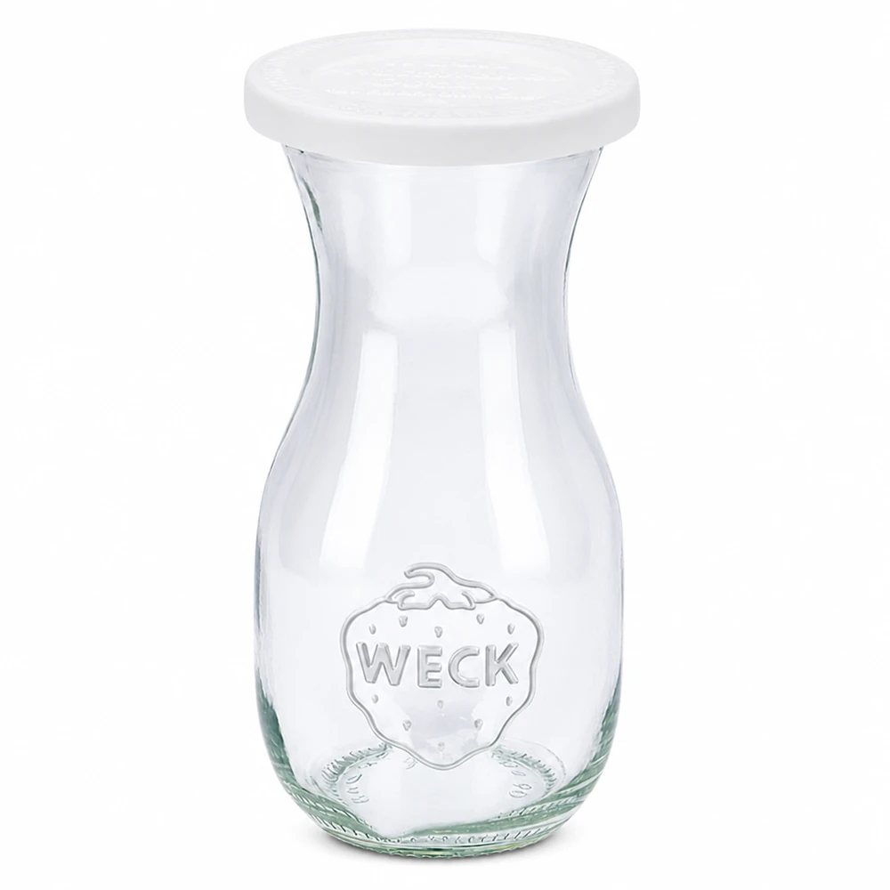 290ml Saftflasche mit Frischedeckel WECK RR60 WECK Saftflasche 290ml mit weißem Frischedeckel RR60 aus klarem Glas mit geprägtem Logo