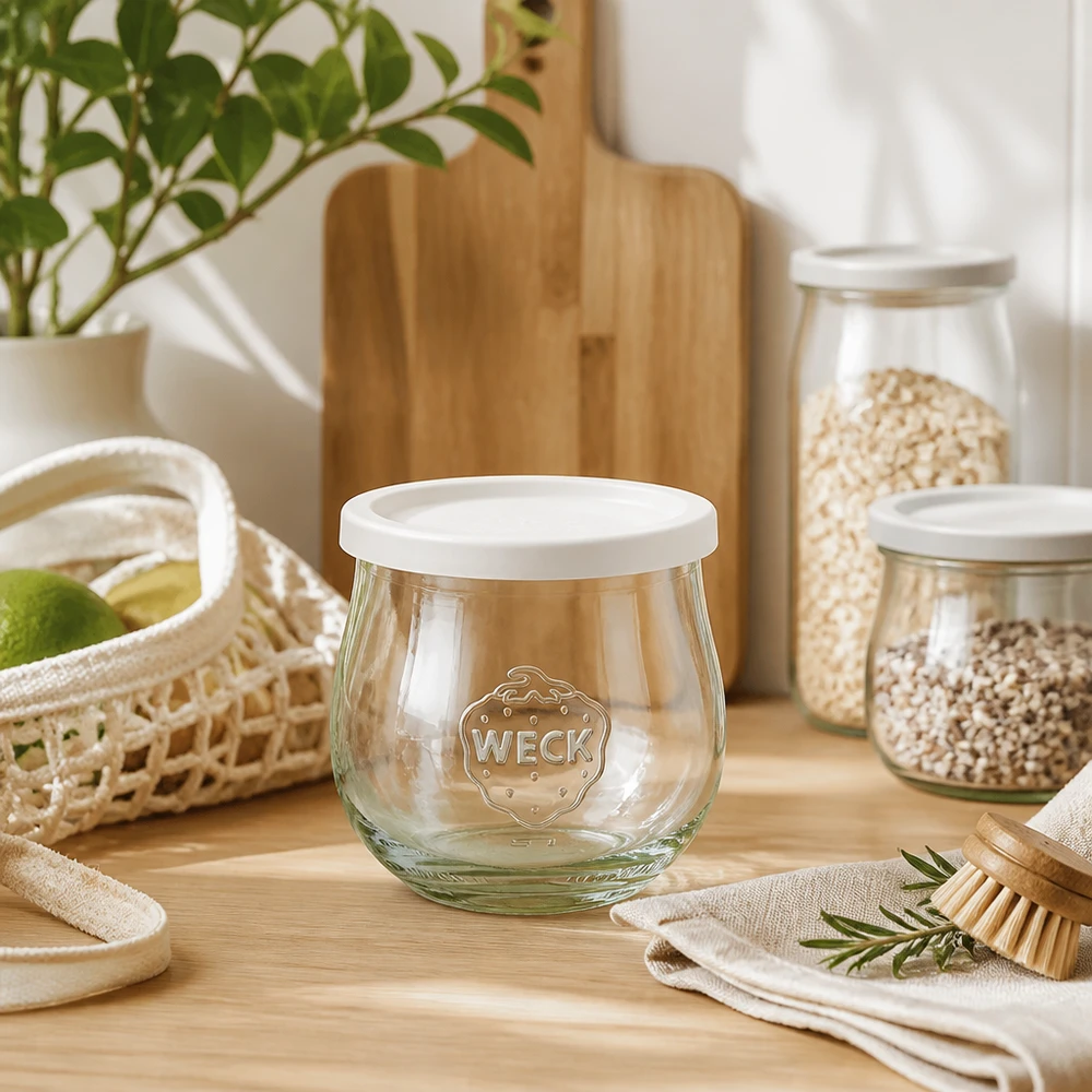 370ml Tulpenglas mit Frischedeckel WECK RR80 WECK Tulpenglas 370ml RR80 in natürlicher Küchenatmosphäre mit Holzutensilien und Vorratsgläsern dekorativ inszeniert