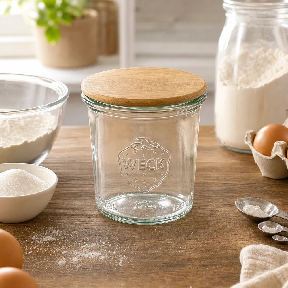 WECK Sturzglas 140ml RR60 mit Holzdeckel in Backküche mit Mehl Eiern und Backzutaten für Vorratshaltung