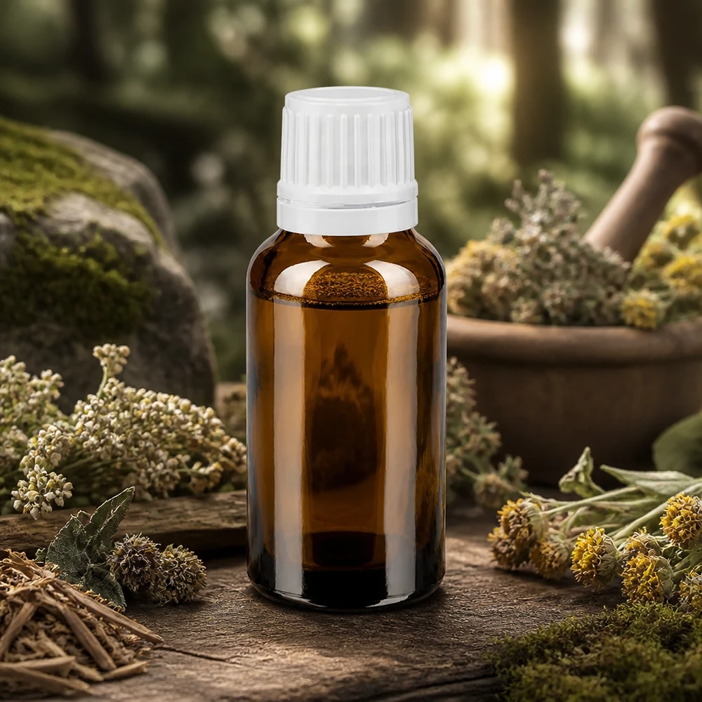 Apothekenflasche braun 20ml Tropfverschluss 1.2mm weiß Originalitätsverschluss Hochwertige 20ml Braunglas Dosiererflasche mit OV für Aromatherapie auf rustikalem Holzuntergrund