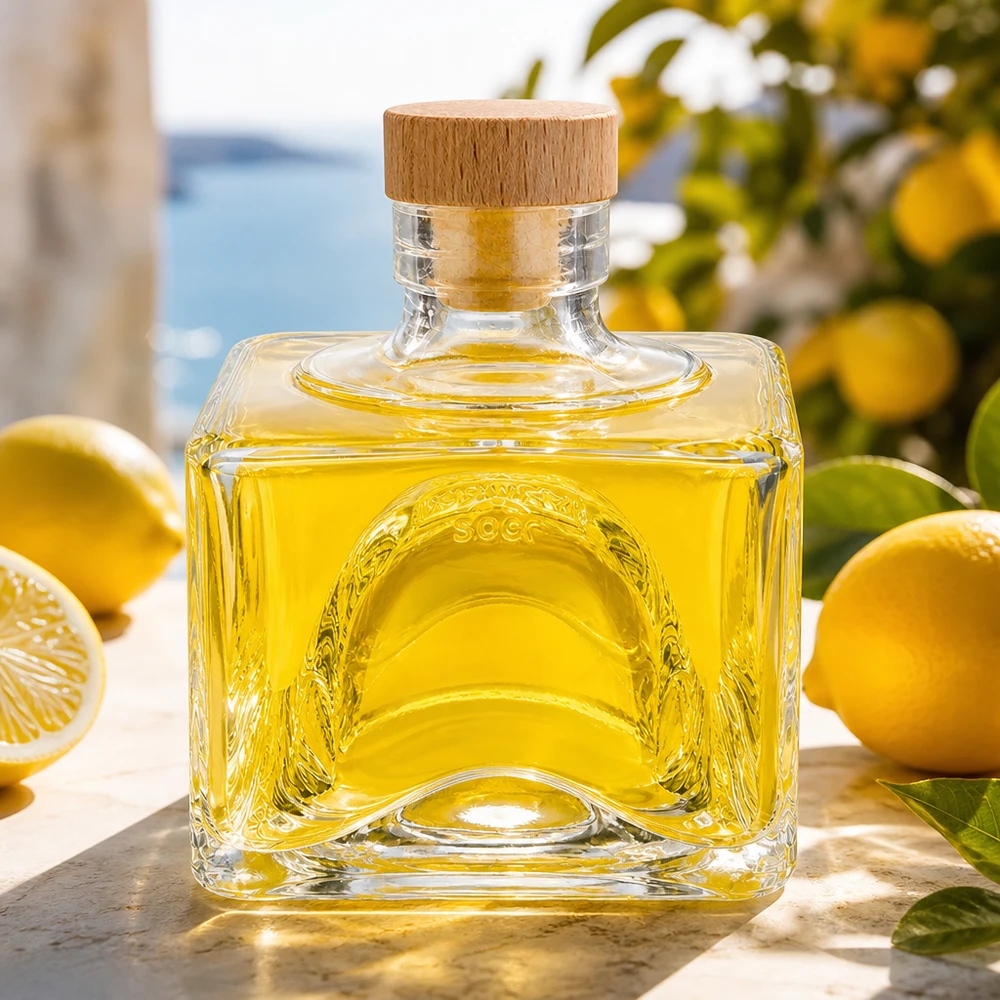 200ml Glasflasche "Bob" mit Holzgriff-Korken UNiTWIST Glasflasche Bob 200ml mit gelbem Inhalt und Holzkorken, dekorativ arrangiert mit Zitronen im mediterranen Ambiente