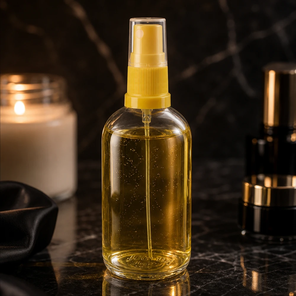100ml Sprayflasche gelb/transparent Standardverschluss ClearLine UT18/100 Befüllbare 100ml Sprühflasche ClearLine gelb glitzernd mit Ölinhalt Detailansicht