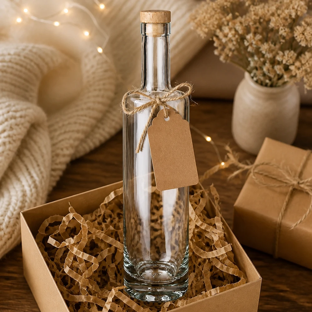 500ml Glasflasche Lina Geschenkverpackung mit Kraftpapier Box Anhänger warmweißen Lichterketten Dekoration