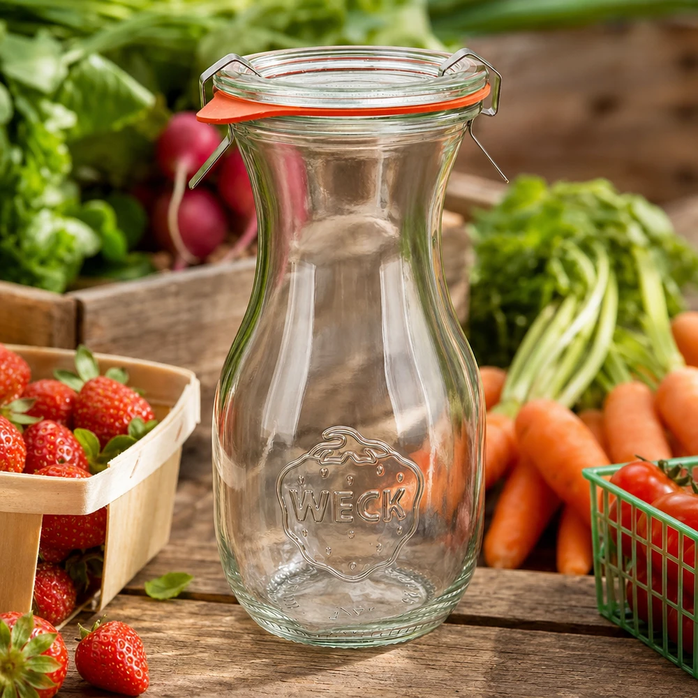 290ml Saftflasche komplett WECK RR60 WECK Saftflasche 290ml RR60 leer mit Bügelverschluss zwischen frischem Obst und Gemüse auf rustikalem Holztisch