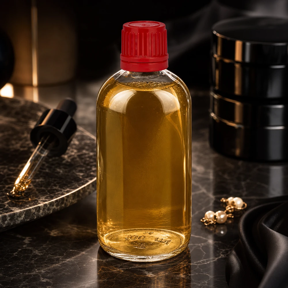 ClearLine 100ml Flasche mit rotem Schraubverschluss OV und goldenem Flüssigkeitsinhalt von oben