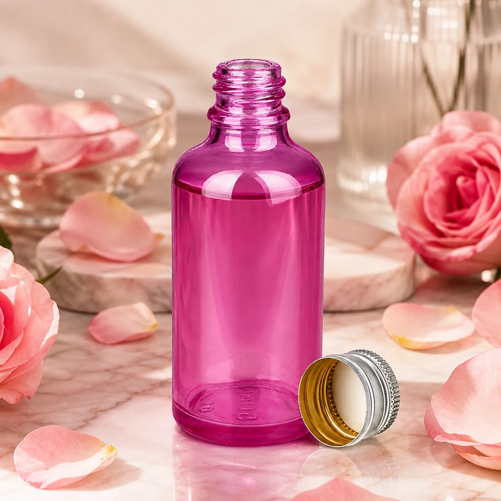 Kompakte lila Glasflasche 50ml mit dichtschließendem Silberverschluss für Reise und Aufbewahrung