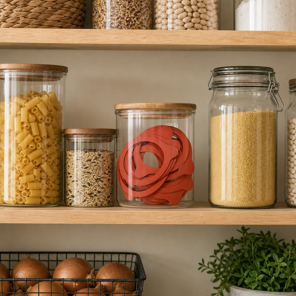 Einkochring Naturgummi RR100 Rote Einkochringe RR100 in Vorratsglas mit Holzdeckel zwischen Küchen-Vorräten auf modernen Holzregalen