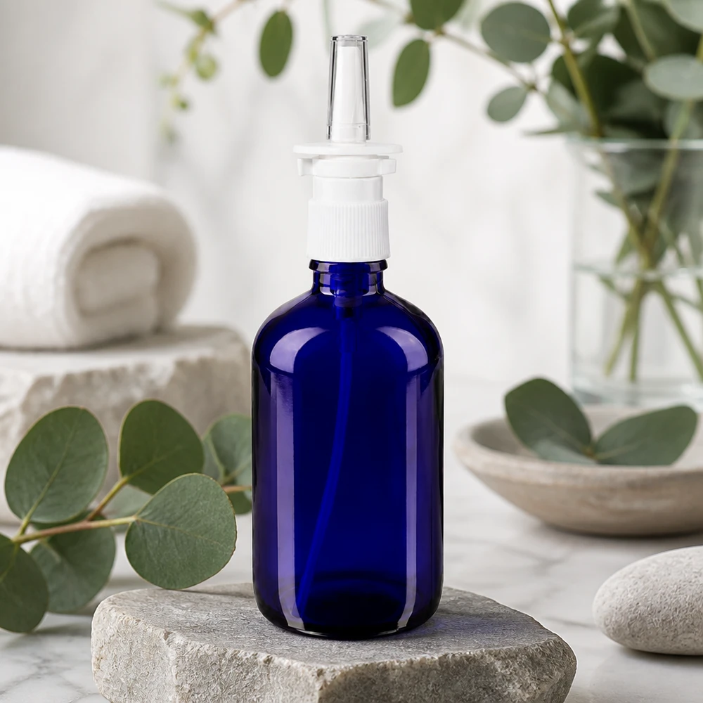 Apothekenflasche blau 100ml Nasenzerstäuber weiß Standard Blaue 100ml Rundflasche aus Apothekerglas mit weißem Nasenspray-Pumpmechanismus