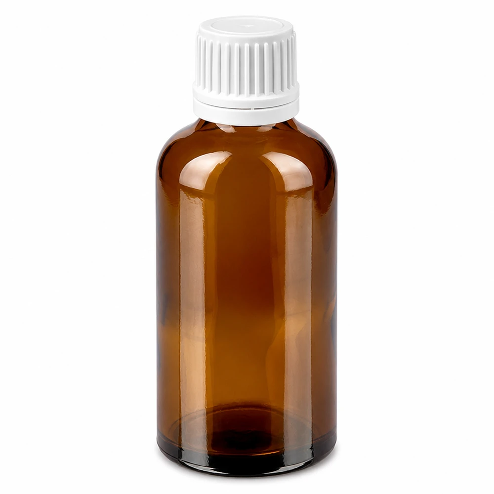 50ml Flasche 11mm Schraubverschluss weiß Originalitätsverschluss BrownLine UT18/50 Kompakte 50ml Flasche in Braun für ätherische Öle mit weissem Sicherheitsverschluss