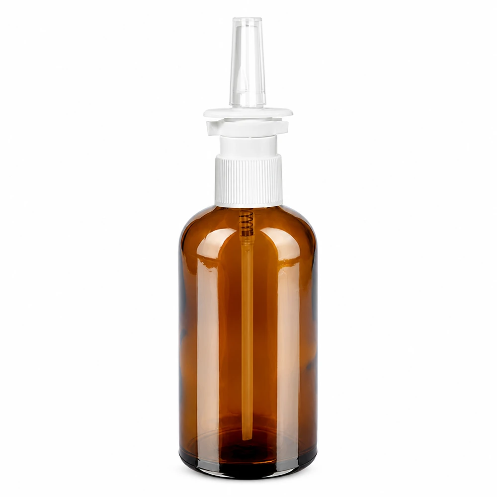 Medizinische Braunglasflasche 100ml mit ergonomischem Sprühkopf für Nasenmedikamente