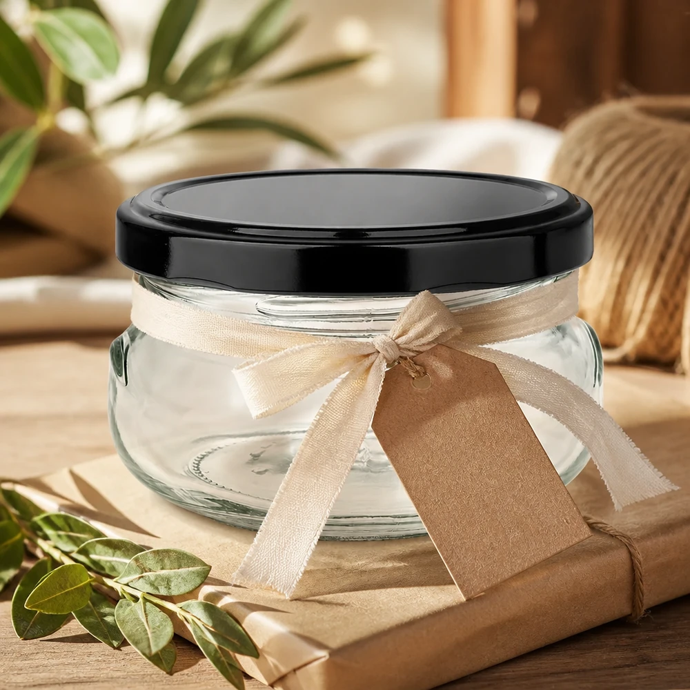 120 ml Terrinenglas 24er-Set mit Deckel (Deckelfarbe: schwarz) – UNiTWIST UNiTWIST 120ml Terrinenglas mit schwarzem Deckel und leerem Etikett zum Beschriften Geschenkidee