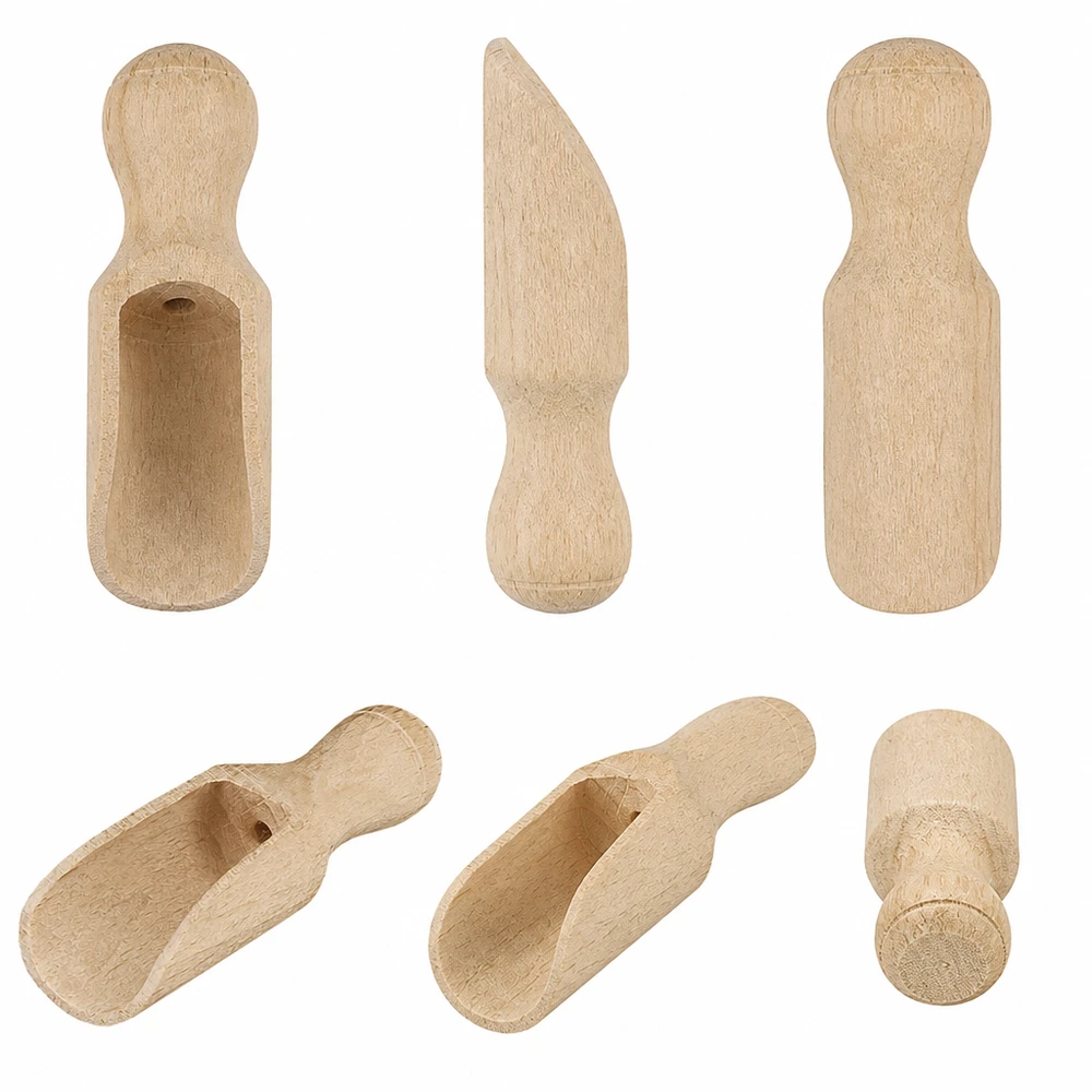 Holzschaufel Grösse XS halbrunde Form - 52mm lang Holzschaufel XS Set aus verschiedenen Blickwinkeln zeigt halbrunde Form und handwerkliche Verarbeitung aus Naturholz