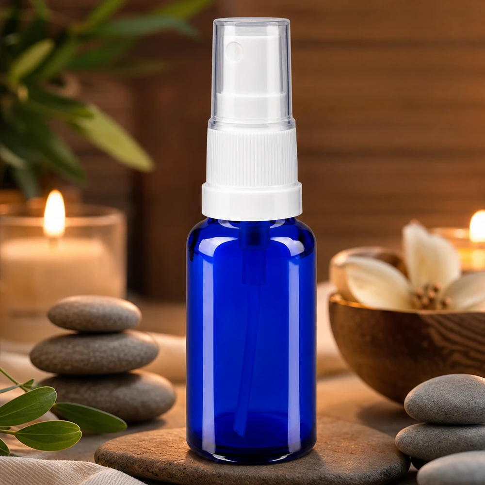 Apothekenflasche blau 20ml Sprayaufsatz weiß Kobaltblaue 20ml Glasflasche mit Feinzerstäuber und Schutzkappe für Aromatherapie-Anwendungen