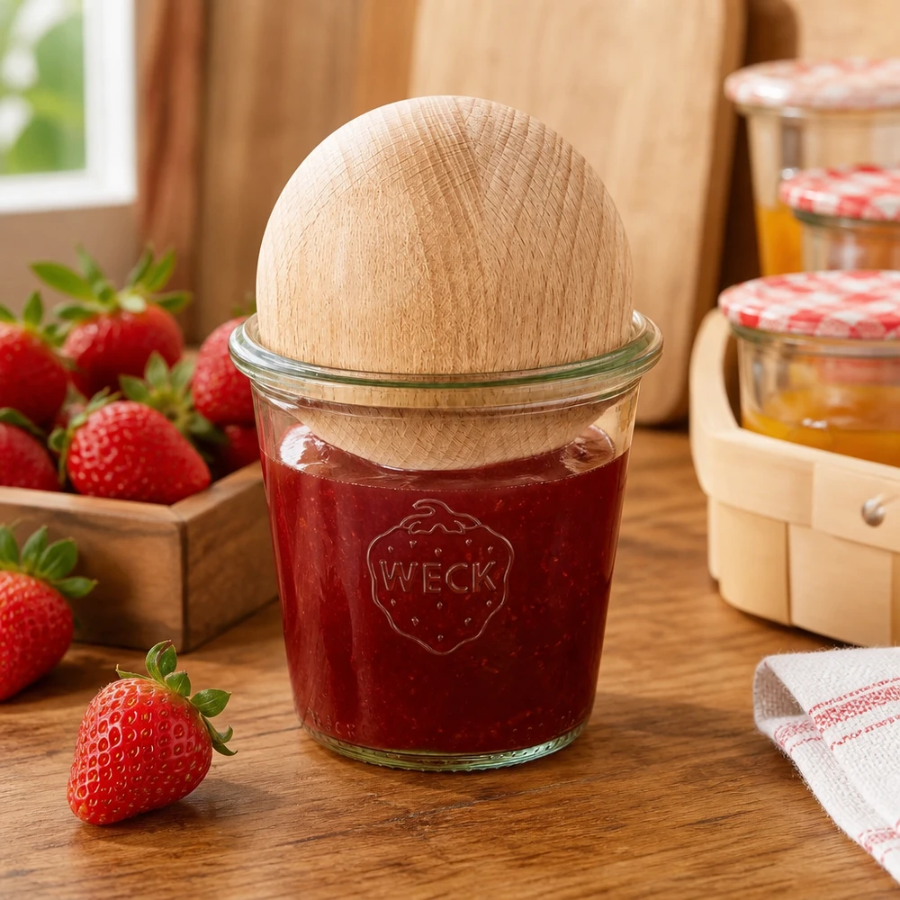 290ml Sturzglas hoch WECK RR80 mit Holzkugel Buche WECK Einmachglas 290ml RR80 gefüllt mit Erdbeermarmelade und Holzkugel-Verschluss aus Buche in Küche