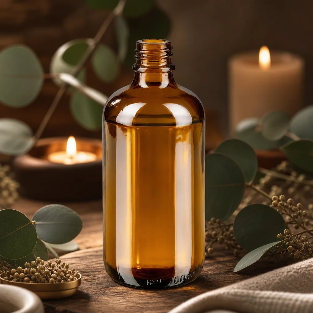 Tropfflasche 100 ml DIN 18 aus Braunglas Braune ApoGlas Apothekenflasche 100ml mit ätherischen Ölen, Eukalyptus und Kerzen dekorativ arrangiert