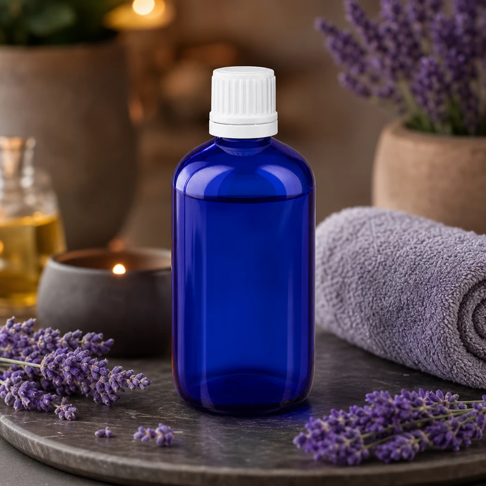 Blaue Medizinglasflasche 100ml mit Dosiertropfer und weißem OV neben Lavendelpflanzen