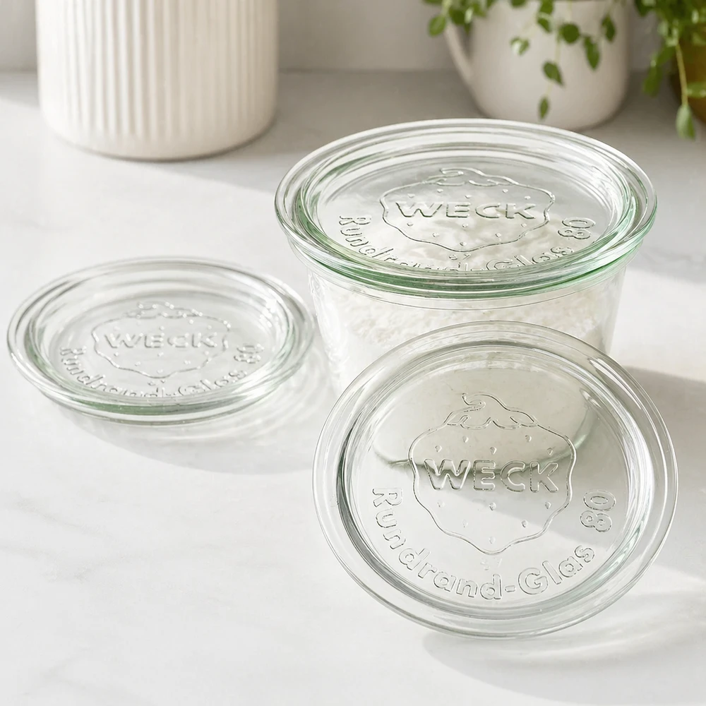 WECK Glasdeckel RR80 WECK Glasdeckel RR80 Set mit drei Deckeln auf weißer Oberfläche in moderner Küche für stylische Aufbewahrung