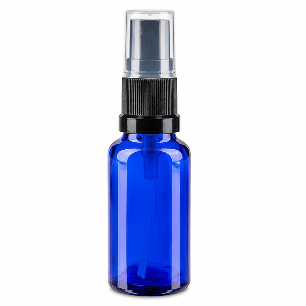 Apothekenflasche blau 20ml Sprayaufsatz schwarz Hochwertige blaue Glasflasche 20ml mit Feinzerstäuber schwarz für ätherische Öle