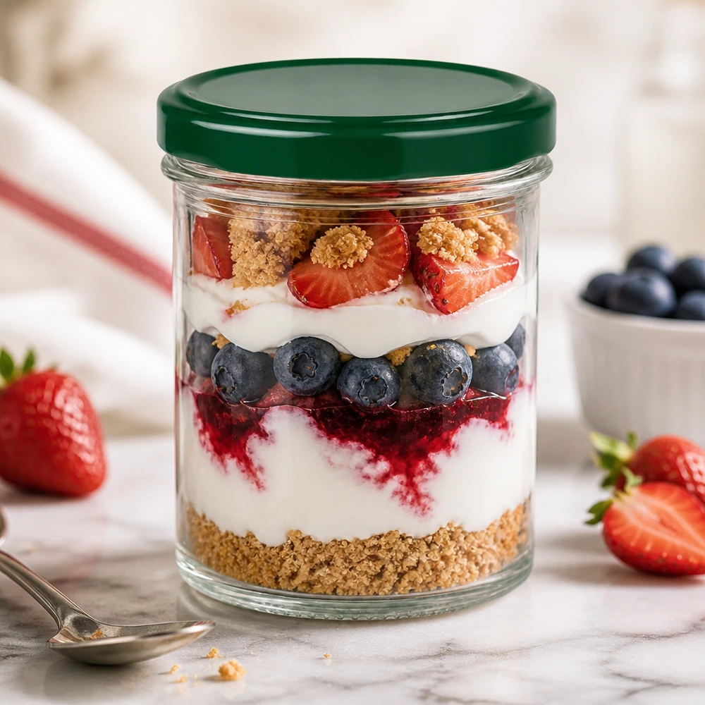 350ml Sturzglas UNiTWIST mit grünem Deckel als Dessertglas für Schichtdessert mit Beeren Joghurt und Kekskrümeln