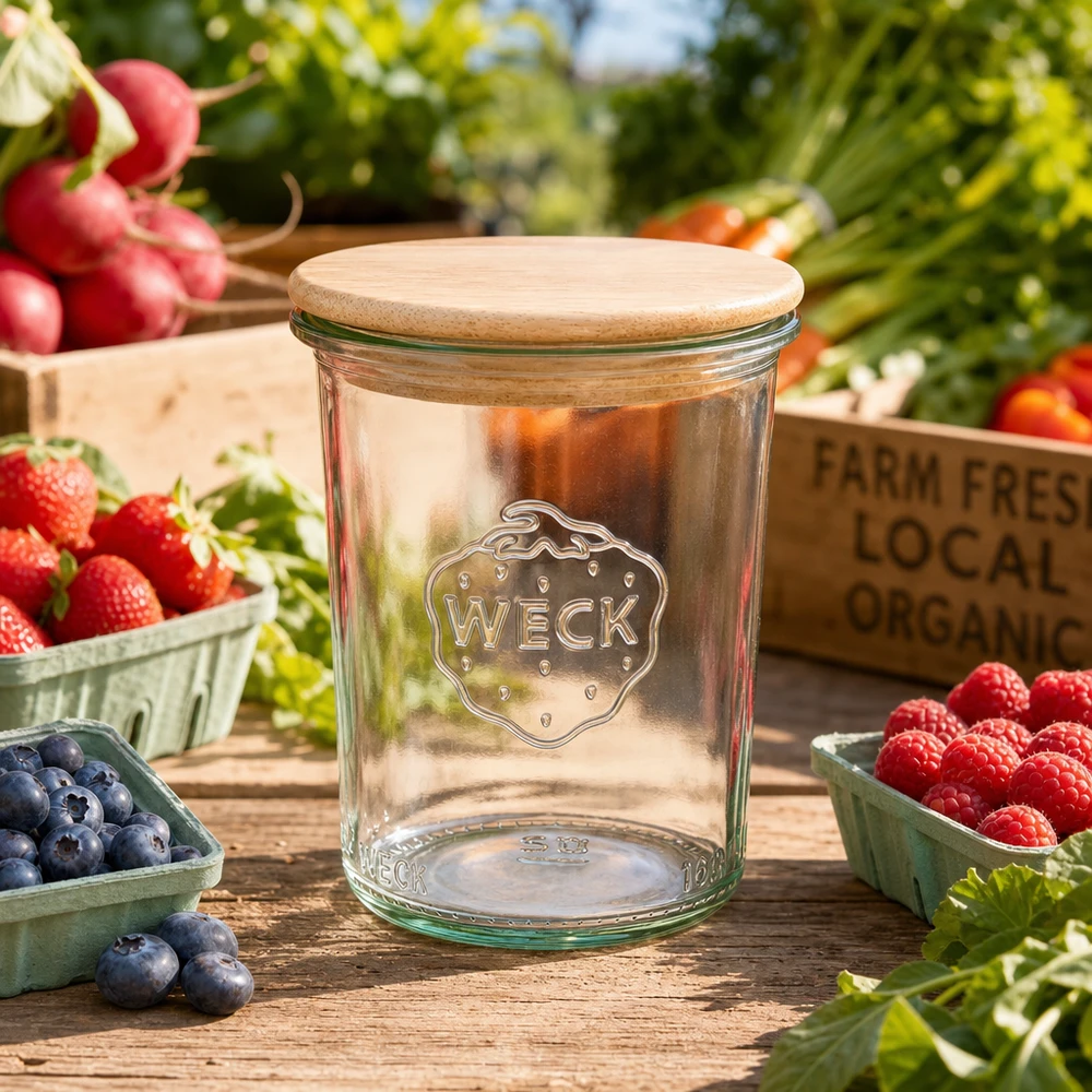WECK Einmachglas 160ml RR60 zwischen frischen Beeren und Gemüse auf Holztisch natürliche Küchendeko