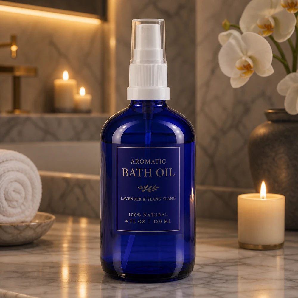 Apothekenflasche blau 100ml Sprayaufsatz weiß Blaues Apothekerglas 100ml mit Zerstäuberpumpe perfekt für Badezusätze und Pflegeprodukte