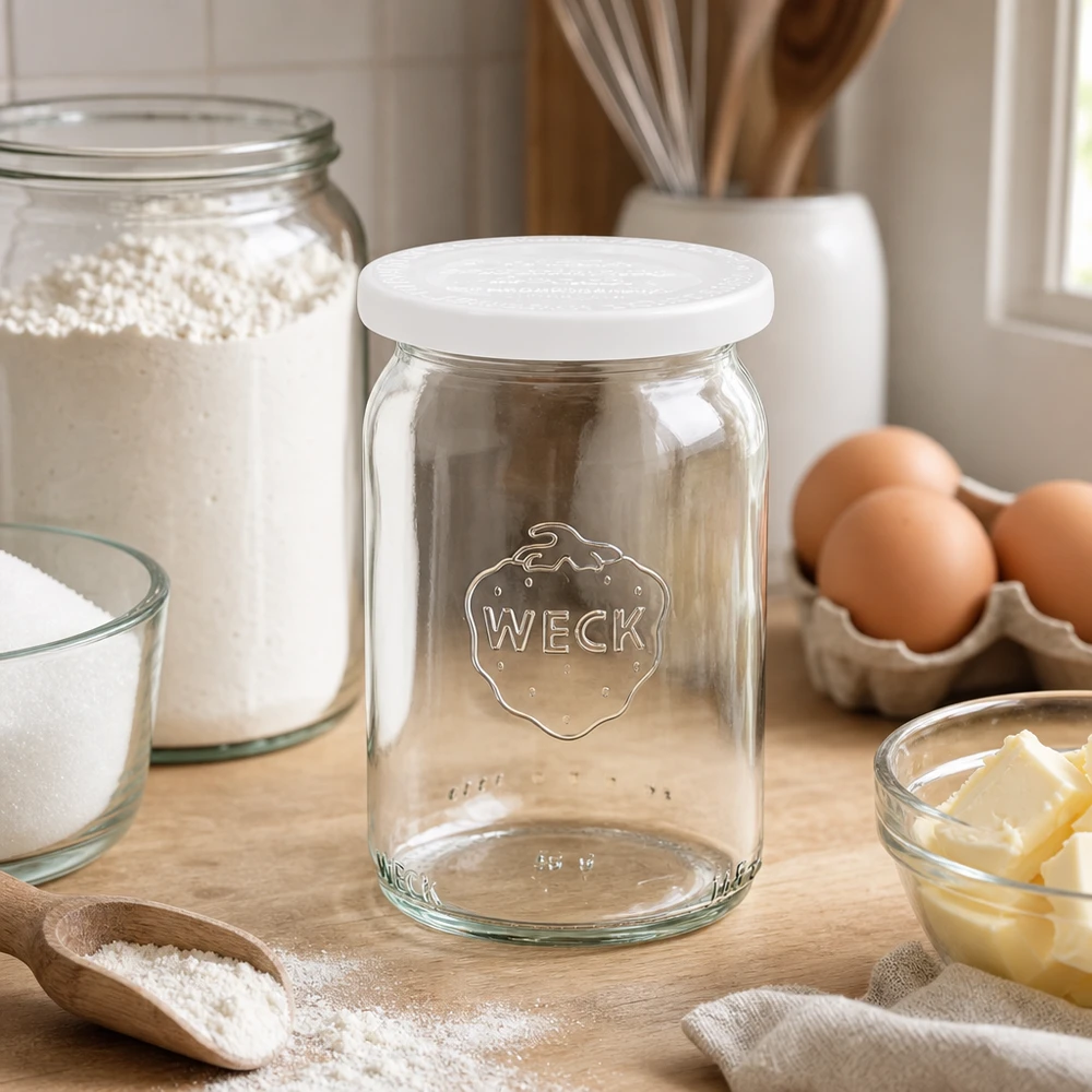 145ml Zylinderglas mit Frischedeck. WECK RR40 WECK RR40 Zylinderglas 145ml mit weißem Deckel auf Holzbrett neben Backzutaten wie Eiern, Mehl und Butter