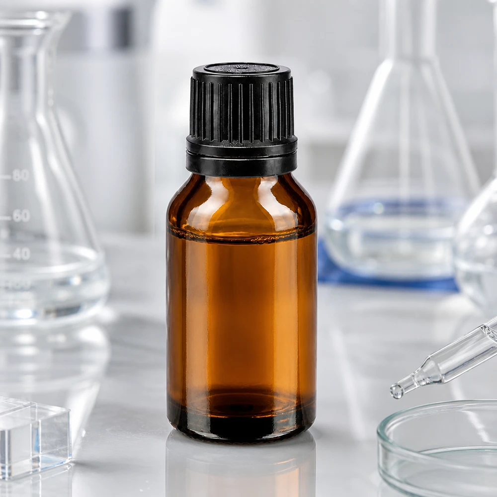 Kompakte Pharmaflasche 15ml in Bernsteinfarbe mit sicherem Schraubverschluss und Gießring