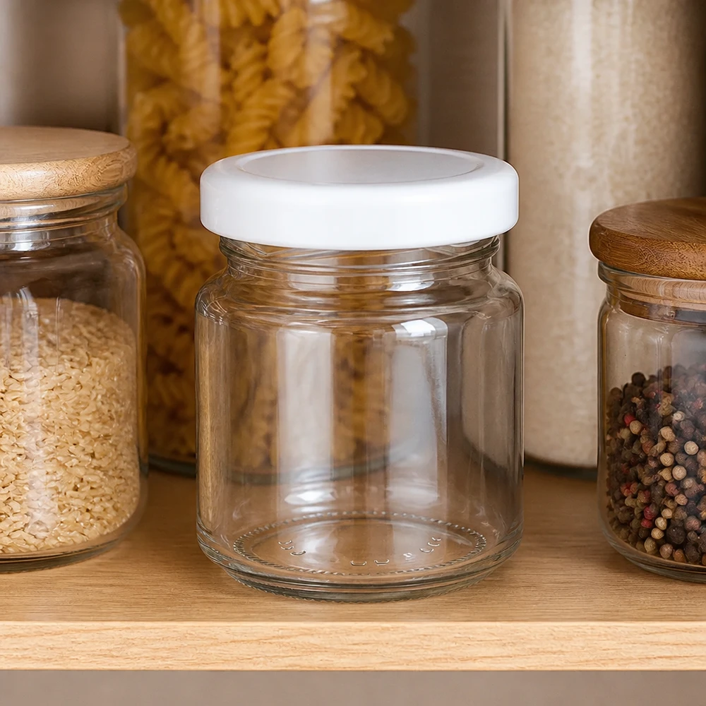 UNiTWIST 53ml Glas mit weißem Deckel neben Pasta Reis und Pfefferkörnern im organisierten Vorratsregal