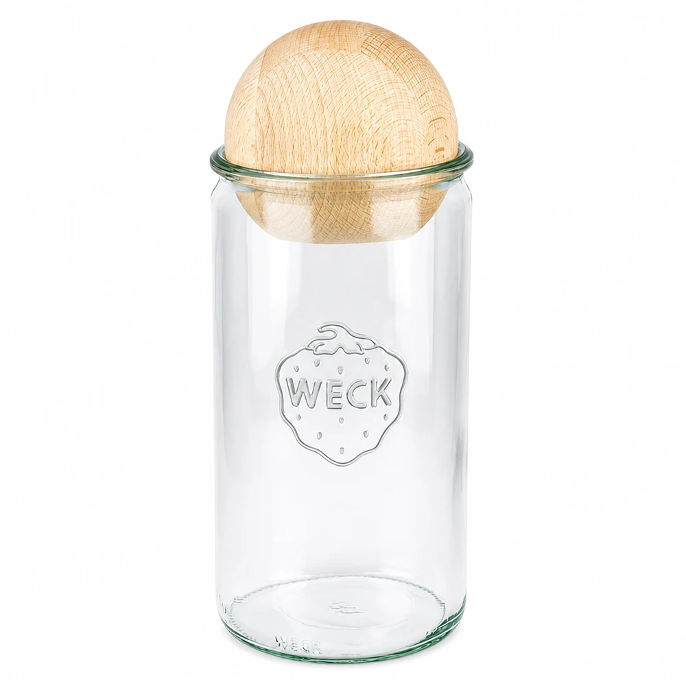1590ml Zylinderglas WECK RR100 mit Holzkugel Buche WECK Zylinderglas 1590ml RR100 mit Holzkugel aus Buche als nachhaltiger Verschluss für Vorratshaltung