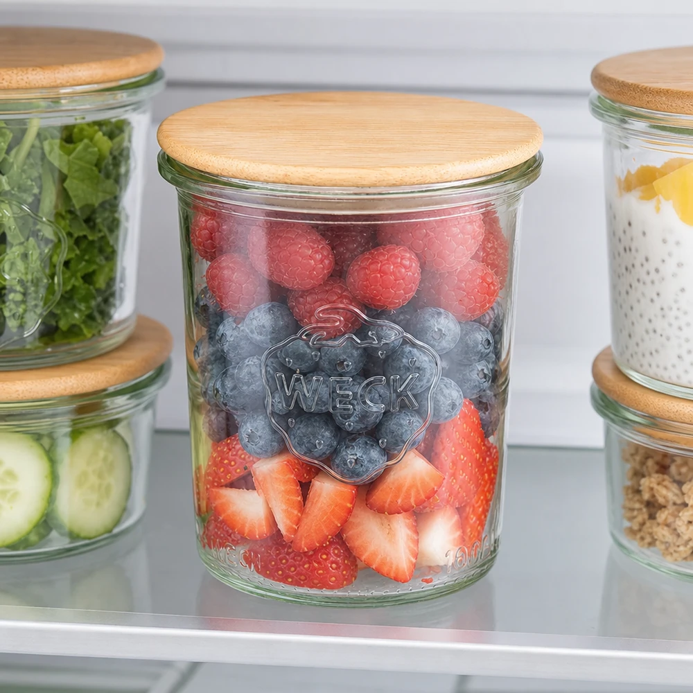 WECK Sturzglas 160ml RR60 Kühlschrank Aufbewahrung frische Beeren Obst organisierte Vorratshaltung Bambusdeckel